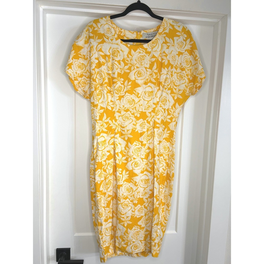 Argenti Sport Vintage Yellow White Floral Linen Cotton Sheath Dress Size 12